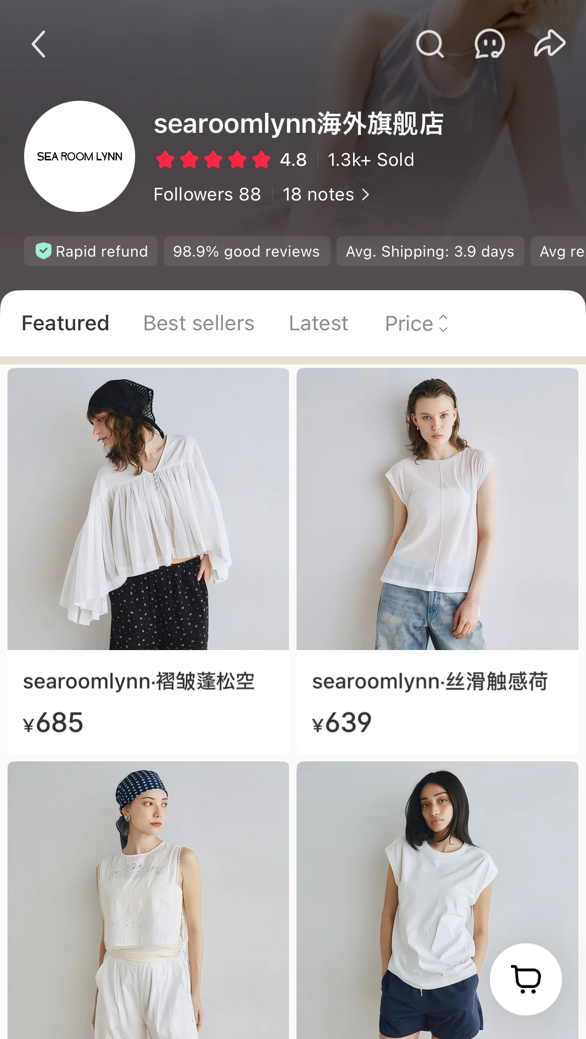 SeaRoomlynn小紅書店舗の評価、販売、履約指標と商品一覧